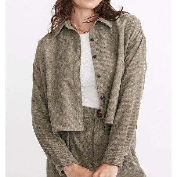 Madewell Corduroy Hartfield Crop Long Sleeve Shirt,‎ Women SZ Small, Moss Green - Picture 1 of 9
